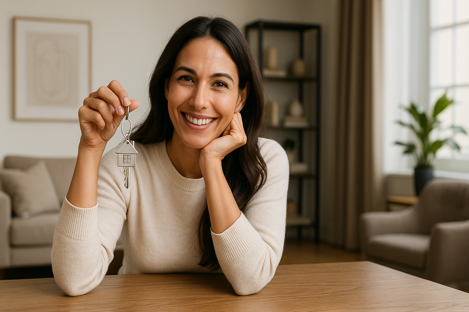 Mulher feliz com chave de casa nova